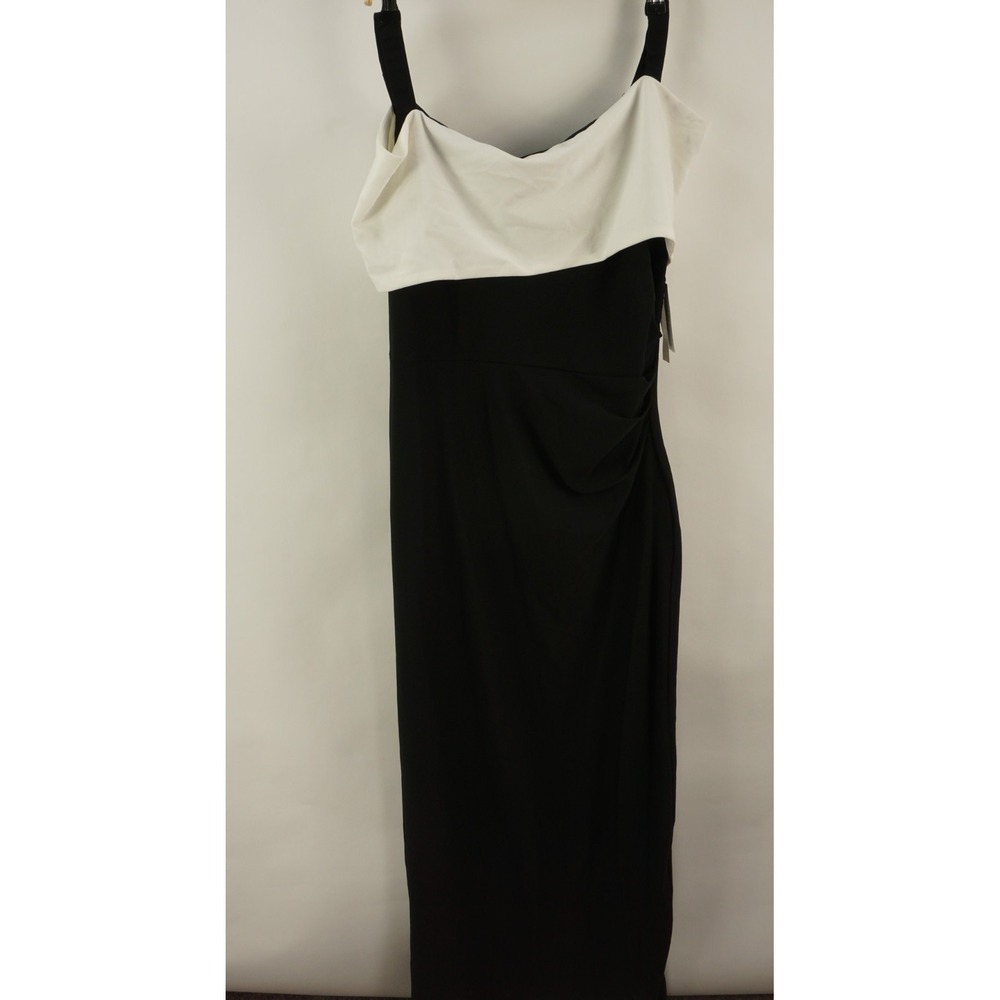 New Marina Sheath Maxi Dress Womens 14 Black White Crepe Cinch Cap Cold Shoulder